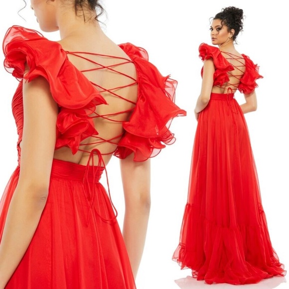 Mac Duggal X Anthropologie Indy A-Line Ruffled Back Lace-Up Chiffon Gown in red - Picture 2 of 4